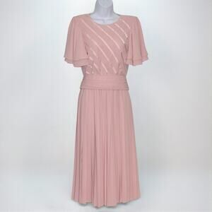 Vintage 80s Richard Warren Pink Chiffon Pleated Dress Satin Stripe Bodice Size 8